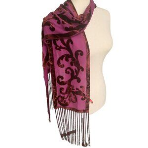 Vtg Anne Klein Sheer Nylon Velvet Plum Wine Scroll w Fringe Neck Scarf 7" x 64"